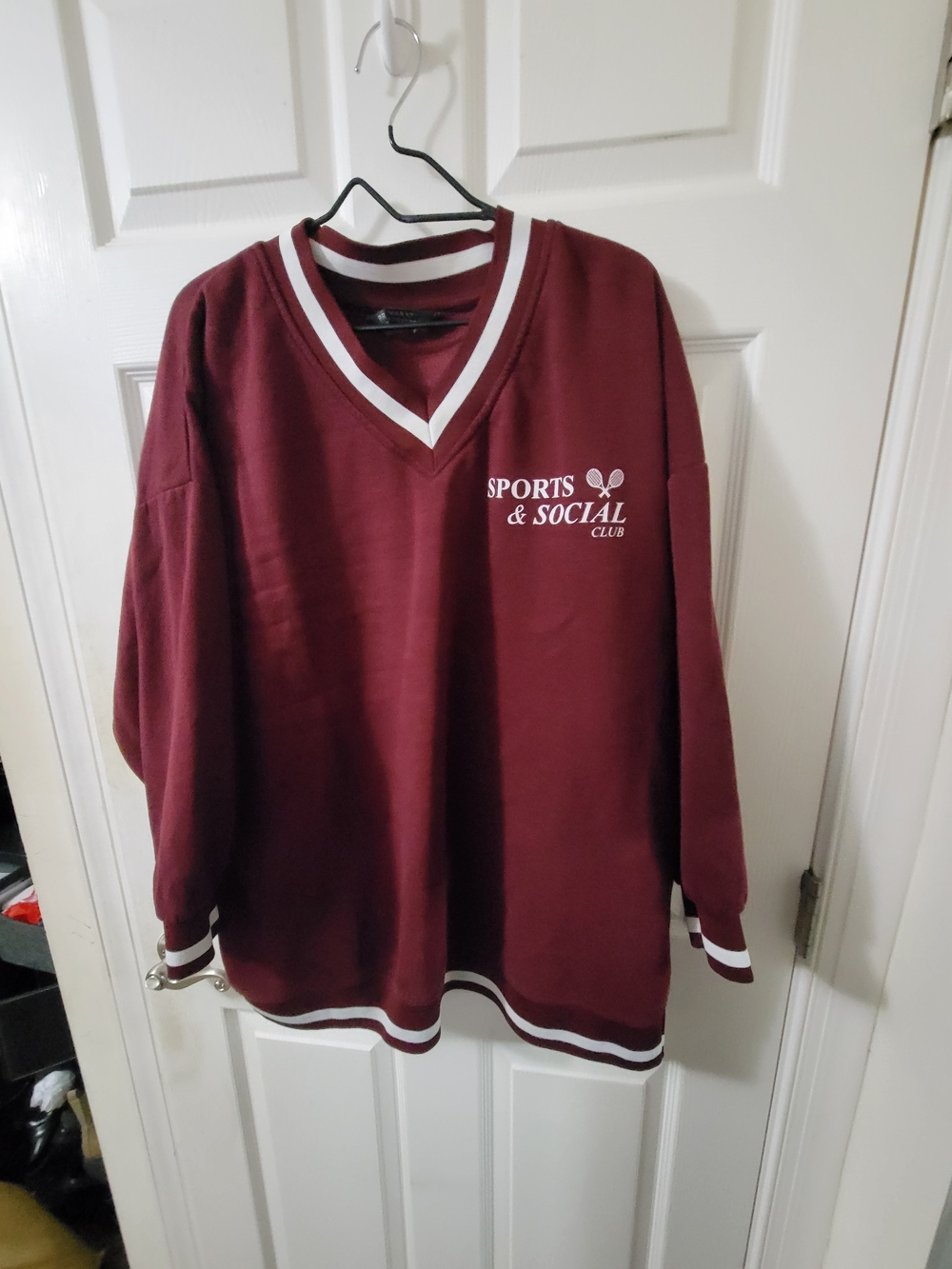 Primark Men's Maroon V-Neck Sweater with White Trim